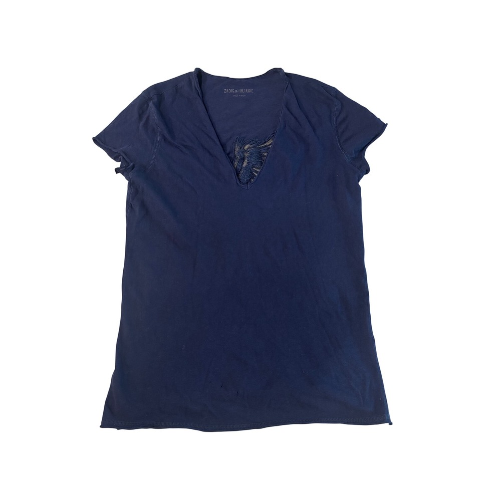Zadig & Voltaire Navy Blue Lace Wing V-Neck Short Sleeve Tee Shirt
